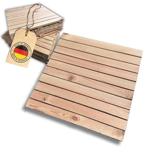BAVAWOOD 2x Holzfliese 49,5 x 49,5 cm Terassenfliesen - gebürstete Oberfläche - PEFC zertifiziertes Fichtenholz - Ideal für Gartenwege, Terasse & Balkon - naturbelassen & individuell behandelbar