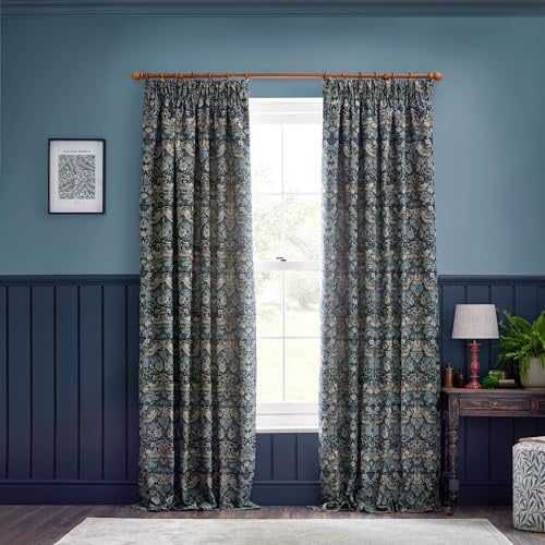Morris&Co. Strawberry Thief Pencil Pleat Curtain Pair – Iconic Bird & Floral Jacquard Lined Velvet Drapes (Indigo - 229x137cm)