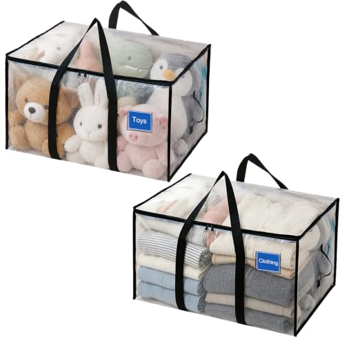 2 Pack Clothes Storage Bags with Zips, 94L Heavy Duty Clear Moving Bags | Large Storage Bags with Label Holder for Clothes Duvets Blankets, Under Bed Packing Bags for Dorm, Garage & Seasonal Storage