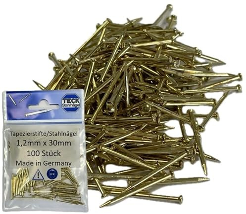 TECK Stahlnägel Tapezierstifte 1,2x30mm | Linsenkopf vermessing | 100 Stück | Made in Germany | Direkt vom Hersteller | versandkostenfrei