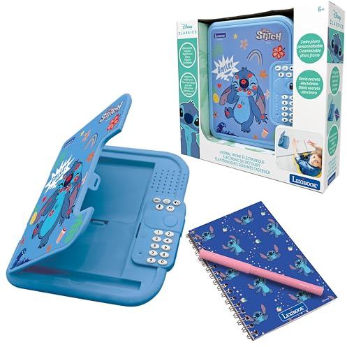LEXIBOOK, Disney Stitch, Diario electrónico Stitch con bolígrafo y libreta incluidos, Interactivo, Protegido con contraseña, características Divertidas, Efectos de Sonido, Azul, SD50DLXB