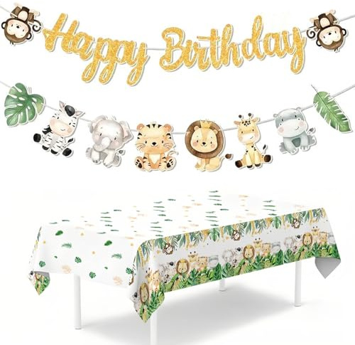 Safari Tiere Happy Birthday Banner - Dschungel Thema Party Dekorationen - Safari Dschungel Tier Banner für Geburtstag - Party Dekorationen für Jungen und Mädchen