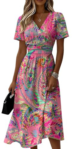 Summer Dresses for Women UK V Neck Flowy Short Sleeve Wrap Dress Midi Boho Casual Dresses Solid Color Vacation Sunshine Dress