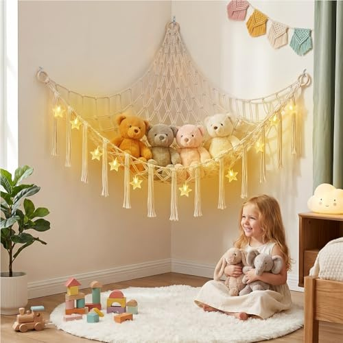 AUAUY Kuscheltier Aufbewahrung Netz mit LED-Leuchten, Quaste, Cremeweiß | Boho-Teddybär-Aufbewahrungshängematte, Plüschtier-Aufbewahrungsnetz, Stofftier-Netz, Weiche Aufbewahrung, für Kuscheltiere