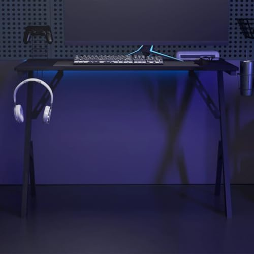 VIHHQGC Sturdy K-Shaped Leg Gaming Table for Monitors, Modern Black Gaming Desk for Home Office Setup, Ergonomic Desk with Built-in Headphone and Controller Holder, Spacious with Cup