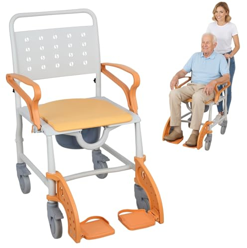 4 in 1 Bathroom Wheelchair, 350lbs Heavy Duty Rolling Shower Chair with Locking Wheels, Padded Seat Flip Armrests, Folding Commode Chair for Seniors Elderly Handicapped Home Care Orange