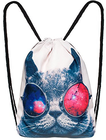 Hanessa Jutebeutel mit Space Cat Tier Aufdruck Sportbeutel Tüte Rucksack Beutel Tasche Gym Bag Gymsack Hipster Fashion Sport-Tasche Einkaufs-Tasche Weiß