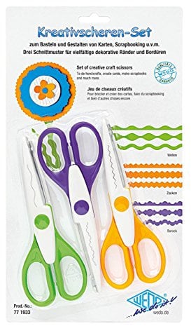 Wedo 771933 Kreativscheren Set, Wellenschnitt, Zackenschnitt, Büttenschnitt große Grifflöcher, Inhalt: 3 Stück, 3er Set, 16 cm) farbig sortiert