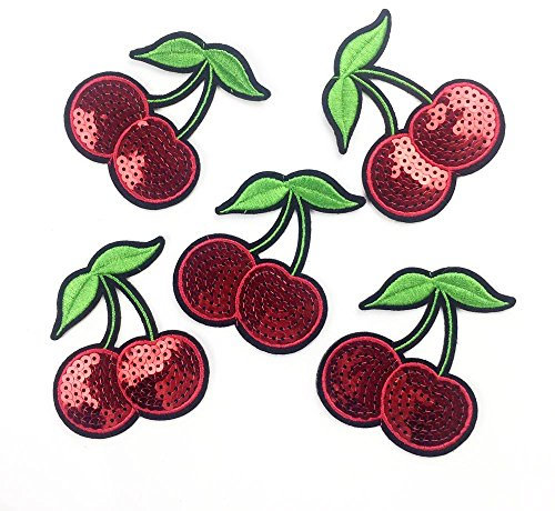 Yalulu 10 Stück 6.5 * 7.5CM Kirschen Pailletten DIY Stickerei Spitze Aufnäher Aufbügler Aufnähen Applikation Iron on Patches Für T-Shirt Jeans Hut Dekor