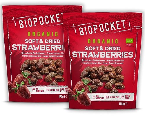 Biopocket Organic Soft & Dried Strawberries, 2 Packs of 170 grams - Non-GMO, Vegan, Gluten-Free, No Added Sugar, Healthy Snack