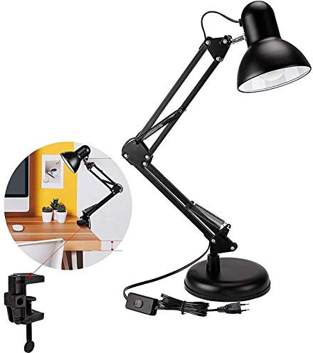 SLS SHOP Lampada da scrivania, lampada da tavolo con base o morsetto, braccio in metallo leggero, snodabile e regolabile, compatibile con lampadine LED E27 [lampadina non inclusa]
