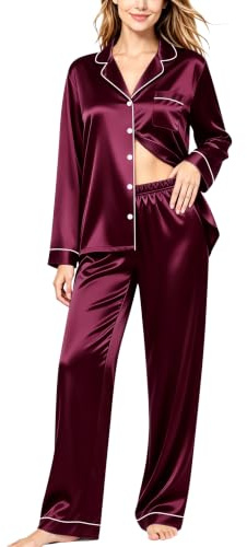 SWOMOG Womens Silk Pyajama Set Satin Pyjamas Long Sleeve Two Piece Sleepwear Soft Pjs Button-Down Nightwear
