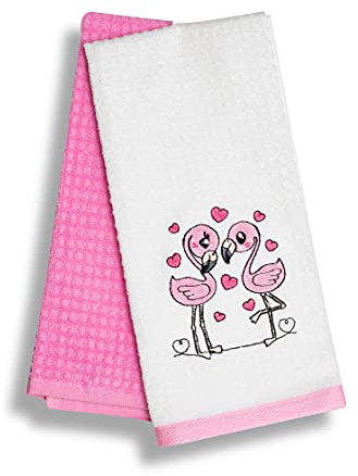 SYS Online Geschirrtücher Baumwolle 2er Pack, Waffelpique Stoff Handtücher Set, Oeko-tex® Zertifiziert Hochwertige Geschirrtücher mit Motiv, 100% Baumwolle, Flamingo, 60x40cm (Rosa - Weiß)