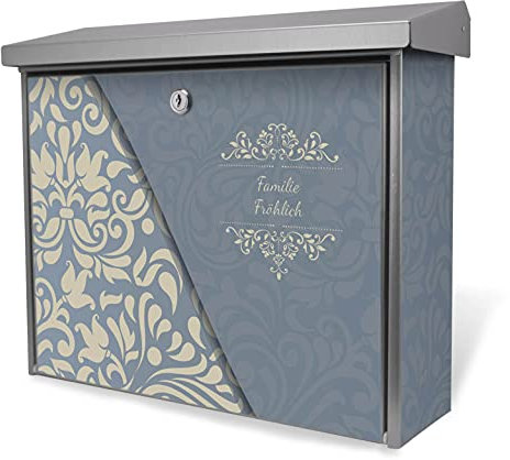 banjado® Burgwächter Briefkasten Edelstahl 38,5x31,5x12cm mit Motiv WT Blaues Ornament/Briefkasten Edelstahl ohne Zeitungsfach/Briefkasten grau/Postkasten inkl. Montagematerial & 2 Schlüsseln