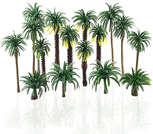 Saktopdeco 16 Pieces Plastic Model Tropical Coconut Palm Tree Cake Topper Diorama Trees for Model Train Railway Fairy Garden