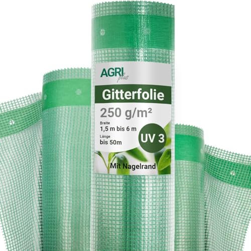 AGRI plus Gitterfolie - Stabile 250 g/m² Gewebeplane ohne Nagelrand - Transparente Gewächshausfolie für langfristige Abdeckungen - Wetterfest & 3 Jahre UV-beständig (1,5 m Breite x Länge nach Wahl)