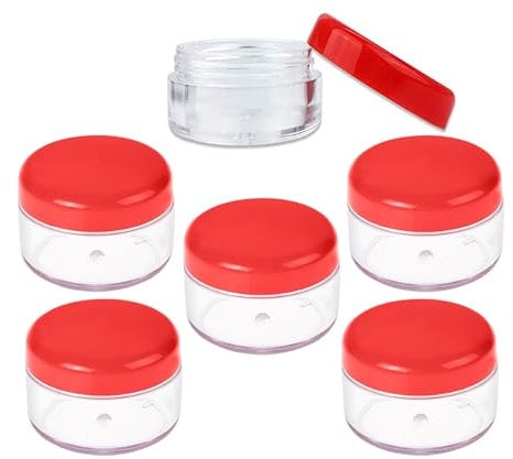 AFSUK 6 x 150ml Round clear Plastic Storage Jar with screw top lids, airtight BPA free food containers for kitchen, Hardware Storage, canisters, / Red Lid