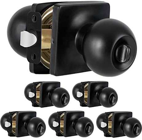 Ilyapa Privacy Door Knob, Black Round Door Handle with Lock, Ball Square, Interior Keyless Turn Thumb Locking Round Handle, Modern Knob, Bedroom Lock 6 Pack, Black