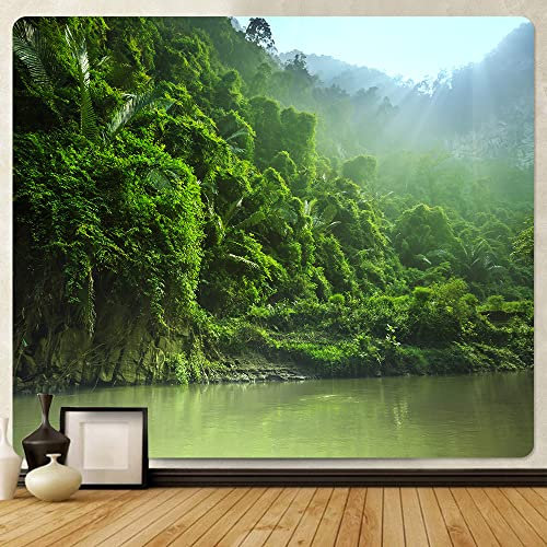 Wand Teppich, Naturlandschaft Tapisserie Wandbehang Grüner Urwald Bananenbaum Flussufer Tropisches Muster Wandteppiche Für Schlafzimmer College Wohnheim Wohnzimmer Home Wall Decor Art, 230X180Cm
