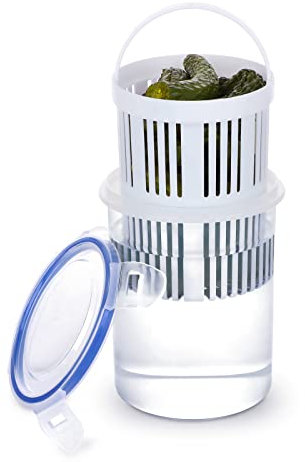 lulalula Tarro de pepinillos con inserto de colador, 1 tarros de pepinillos coladores, recipiente transparente de almacenamiento de pepinillos, a prueba de fugas, tapa de bloqueo, para separación seca