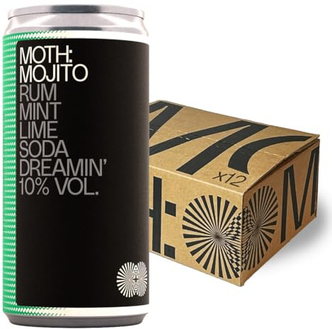 MOTH: Mojito Cocktails Ready To Drink Pre-Mixed Cans, 12x200ml, 10% ABV - Duppy Share Rum, Mint, Lime & Soda, Premium Quality Bar Strength