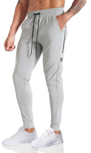 BROKIG Streifen Leichte Trainingshose Herren Lang, Gym Jogginghose Herren Slim Fit Laufhose Lang Fitness Sporthose mit Reißverschlusstasche(Hellgrau,L)