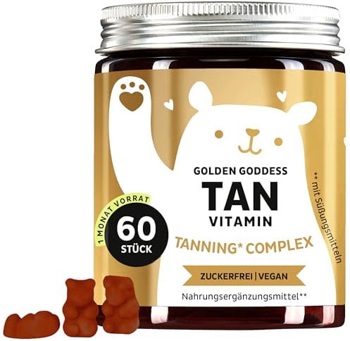 Golden Goddess Tanning Gummies - mit Lutein, Astaxanthin, Vitamin C, E, Beta-Carotin, Calcium & Kupfer - 60 Stück (1 Monat Vorrat) - Zuckerfrei, Vegan - Bears with Benefits