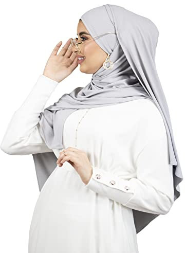 Hijab zum Binden mit Brillen-/Kopfhörer-Öffnungen, Jersey, gerippt, muslimische Frauen, HE510, hellgrau, One size