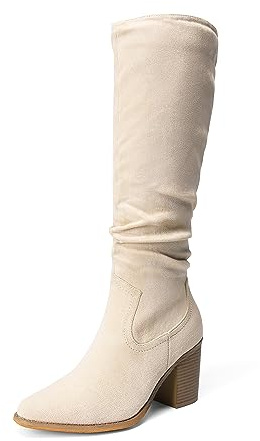 DREAM PAIRS Women's Knee-High Boots, Comfortable Chunky Block Heel Pointed Toe Pull On Side Zipper Suede Slouch Riding Boots