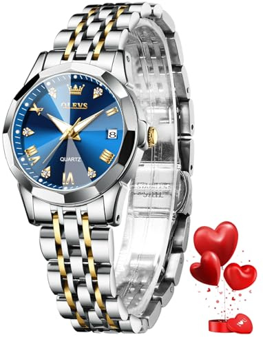 OLEVS Womens Watch Fashion Dress Diamond Roman Numerals Ladies Analog Quartz Stainless Steel Waterproof Luminous Date Female Watch Gift
