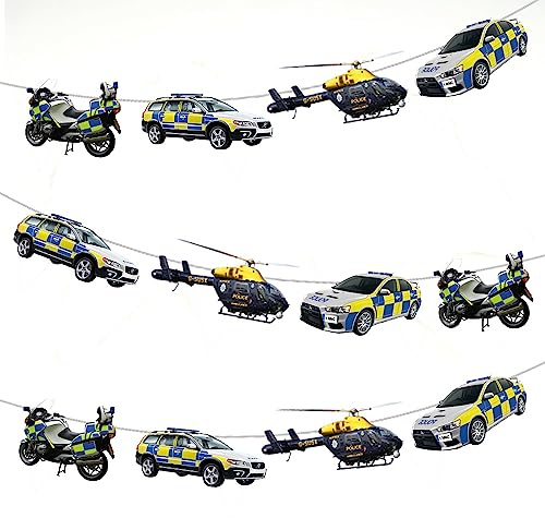 AK Giftshop Wimpelkette mit echten Polizeifahrzeugen, Auto, Motorrad, Hubschrauber, Party-Dekoration, 12 Stück/2,5 m Band