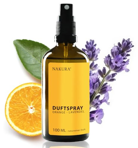NAKURA® Raumspray, Duftspray und Lufterfrischer ORANGE - LAVENDEL Bio 100 ml - Natürliches Raumduft Spray aus reinen ätherische Öle - Lufterfrischer Wohnung mit naturreinem Lavendelöl ohne Chemie