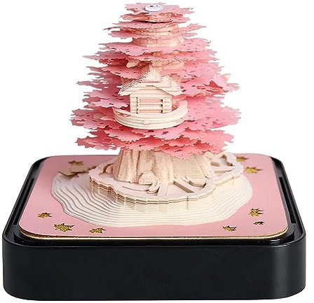 Tischkalender 2024 Schreibtischkalender mit Lichtern, 3D Kalender Abreißen Kunst Sakura Baum 2024 Schreibtisch Kalender 3D Notizblock Papier Schnitzen Kalender für Halloween Weihnachten Geschenk (1)