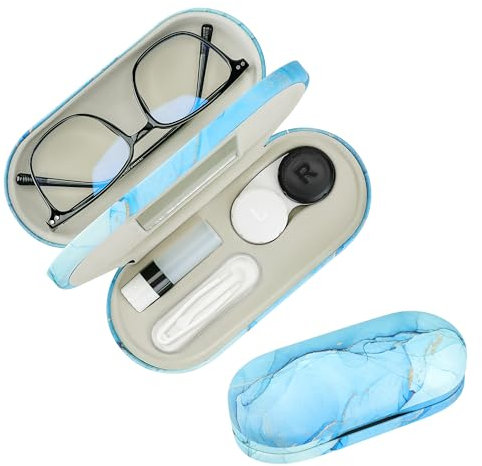 Zettokete 2-in-1 Kontaktlinsen- und Brillenetui, doppelseitiges Design mit Spiegel, Pinzette und Kontaktlinsenlösung, tragbares Aufbewahrungs-Set für Reisen, Büro (blauer Marmor)