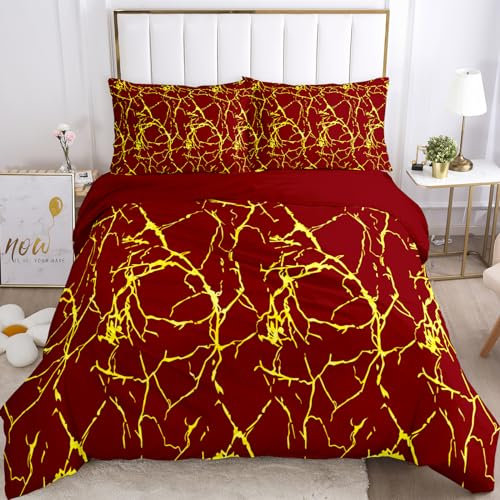 VTRXEG Bettwäsche 220x240 Rot Marmor,Gold Textur Marmor Bettbezug,Weiche Kuschelige Marmor Bettwäsche Set, Mit Reißverschluss 1 Bettbezug Und 2 Kopfkissenbezug (A, 220x240cm)
