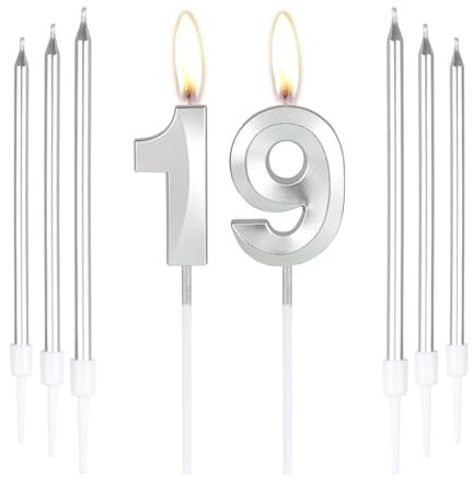 mciskin Silver 19 Birthday Candles-3D Number 19 Candle for Cake with 6pcs Long/Thin Candles Set,Silver Cake Topper for Girl Boy 19th Birthday Decorations Supplies,19th Wedding Anniversary Decorations