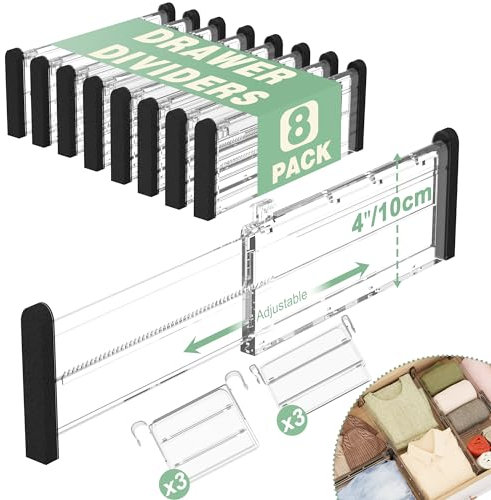 FUNIZE Adjustable Drawer Dividers With Inserts, 4'' High Expandable Drawer Organizers for Clothes, 8 Pack 12.6-22.8'' Long Dividers with 3.9-7.1'' Inserts, Drawer Separators for Socks/Tools-Clear