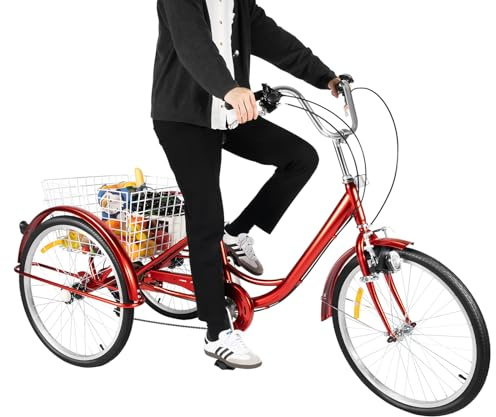 SICHENSH Dreirad für 24 Zoll Erwachsene, 3 Räder 6 Gang Adult Fahrrad Erwachsenendreirad mit Einkaufskorb und Licht Höhenverstellbares Dreirad Fahrrad, Senioren Dreirads (Rot)