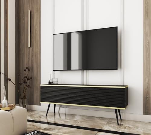 3E 3xE living.com TV- Schrank mit Lamellen in Schwarzer Farbe mit Schwarzen Beinen, D: L: 135 cm, H: 53 cm, T: 32 cm