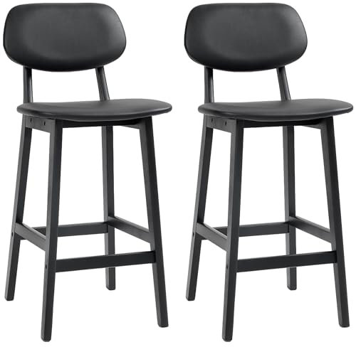 HOMCOM Bar Stools Set of 2, Breakfast Bar Chairs, PU Leather Upholstered Kitchen Stools with Backs, Footrests and Solid Wood Legs, Black