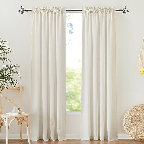 RYB HOME Wohnzimmer Gardinen Boho Leinenvorhang 2er Set H 220 x B 140 cm Gardinen Leinenoptik Halbtransparente Vorhänge mit Stangedurchzug Linen Curtains for Living Room, Elfenbeinweiß