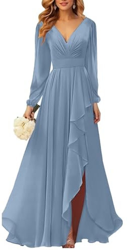 HPPEE Dusty Blue Bridesmaid Dresses Long Sleeve for Women Ruched Chiffon Floor Length A Line Formal Dress Party Gown UK22