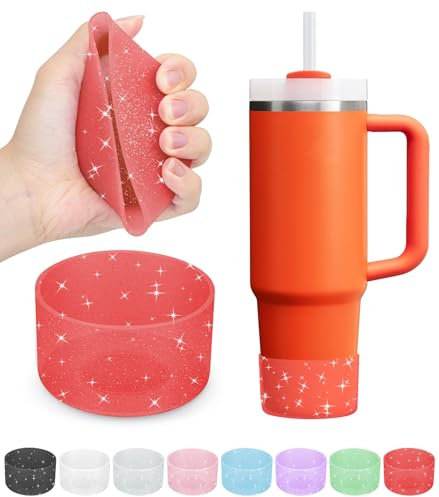 PICcircuit 2PCS Red Glitter Silicone Bottle Sleeve for Stanley Cup & Hydro Flask 12-24oz, Noise Reducing, BPA & BPS Free, 64ml, Round, Reusable, Dishwasher Safe