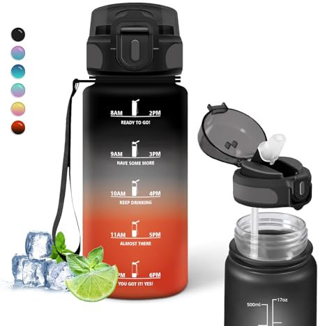 500ml con Pajita, Motivacional a Prueba de Fugas, Fácil de Limpiar, Botella Reutilizable con Marca de Tiempo, Botella de Agua para Agua, Café, Leche, Jugo