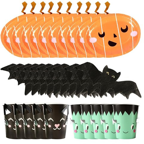 Halloween Tableware Party Set – 30pc Set - Pumpkin Plates, Bat Napkins & Cups – Kids Halloween Party Decorations for Spooky Themed Celebrations & Trick or Treats
