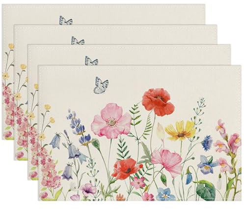 Mohn Blumen Platzsets 4er Set Schmetterling Blume Tischsets Waschbar Platzsets 30x45cm Frühlings Dekor für Küche, Drinnen, Restaurant, Urlaub, Party