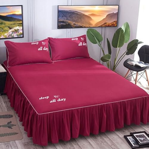 AMDXD Weinrot Bett Rock 180x220cm Fest, Kräuseln Bettrock Stretch Einfarbig Matratzenschutz, Polyester Spannbettlaken Muster für alle Jahreszeiten