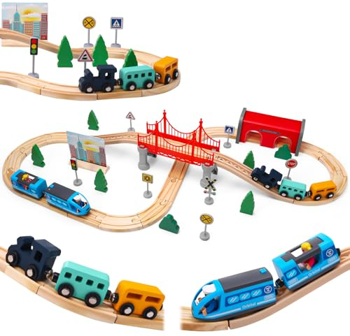 Wooden Train Set 52PCS, Electric Train Sets with Wooden Train Track