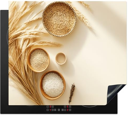 KitchenYeah© Herdabdeckplatte 59x52 cm Einteilig Induktionsmatte Küche Abdeckung Ceranfeld Herd Abdeckplatte Deko Vinyl Matte Aufrollbar Müsli - Holz - Schale - Beige