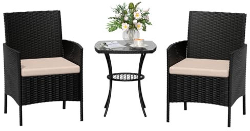 Amopatio Juego de muebles de jardín de ratán, juego de muebles de balcón, 3 piezas, para exteriores, resistente a la intemperie, mesa de bistró con 2 sillas, muebles de terraza para terraza, balcón